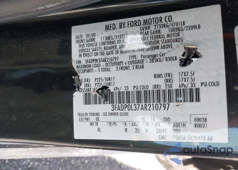 2010 Ford Fusion Hybrid из США, поврежденный, VIN 3FADP0L37AR210797